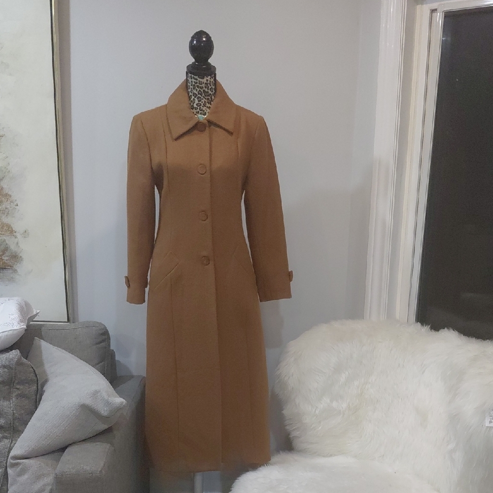 Classic Long Camel Button-Front Wool Coat Not Includ The Collar